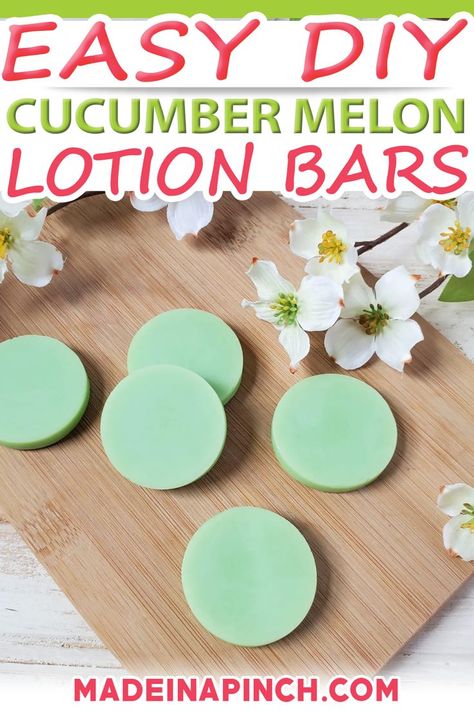 Protect your family’s skin with DIY Cucumber Melon Lotion Bar. Your family’s skin will feel luxurious that your family will thank you! It might also be time to pamper yourself as well. 🙂 Two of my kids had horrible eczema when they were little. Then I started researching lotion bars and experimenting with making them. I used the bars on my boys after their evening bath and in just days their eczema was COMPLETELY cleared up. | @made_in_a_pinch #lotionbars #diylotionbars #naturaleczematreatment Cucumber Melon Soap, Diy Lotion Bars, Lotion Bar Recipe, Candle Recipes, Lotion Bars Diy, Homemade Lotion Bars, Candles Homemade, Lotion Bars Recipe, Kids Salon