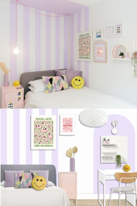 Beautiful, Candy Striped, Kids bedroom Purple Striped Walls, Wall Paint Inspiration, Striped Bedroom, Purple Girls Room, Bedroom Purple, Girl Room Inspiration, Stripe Wall, Shared Girls Bedroom, Cool Dorm Rooms