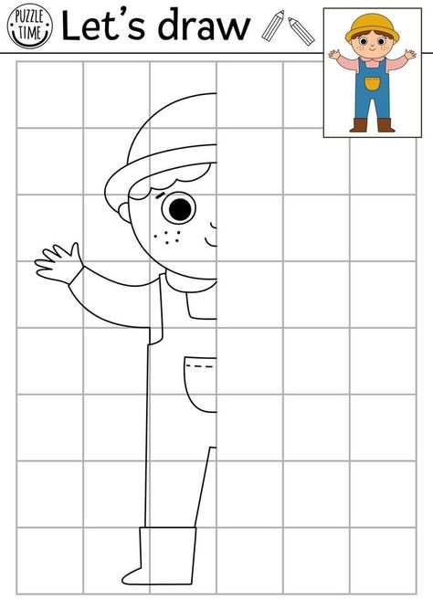 Complete the farmer picture. Vector on the farm symmetrical drawing practice worksheet. Printable black and white activity for preschool kids. Copy the picture rural country coloring page Copy Drawing Pictures, Copy The Picture Worksheet, Complete The Drawing Worksheet, Complete The Picture Worksheet, Farmer Worksheet, Drawing Worksheets For Kids, Symmetrical Drawing, Drawing Worksheet, Eagle Project