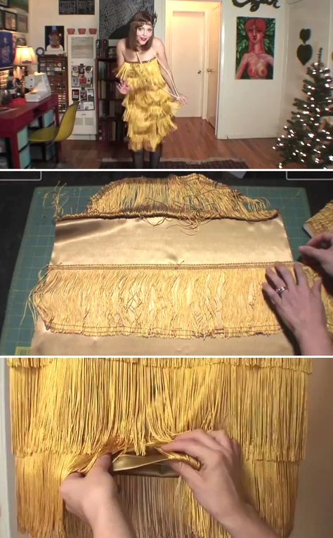 Tuto et explications pour faire une robe Charleston style années 20 et son bandeau assorti. Gatsby Dress Diy, Estilo Charleston, Gatsby Party Outfit, Gatsby Glamour, Fringe Dresses, Roaring 20s Fashion, Charleston Dress, Flapper Party, Gatsby Costume