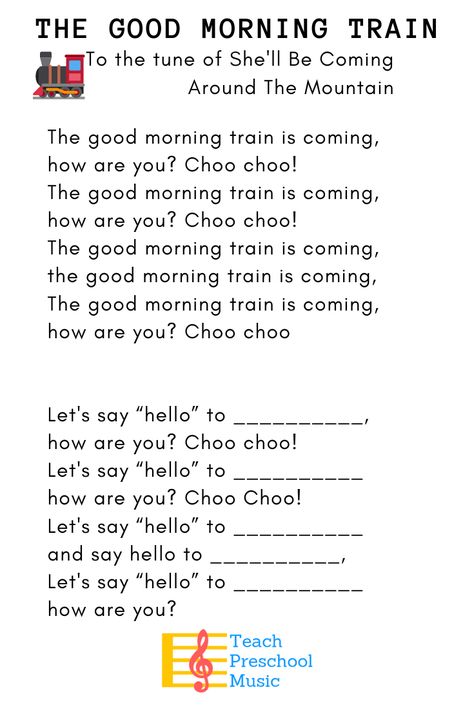 Kids love this train-themed hello song! #preschoolmusic #teachpreschoolmusic #lessonplans Good Morning Prek Songs, Pre K Transition Songs, Preschool Greeting Songs, Fun Preschool Songs, Montessori Circle Time Ideas, Welcome Songs For Kindergarten, Greeting Songs For Preschool, Transportation Songs For Toddlers, Toddler Songs Circle Time