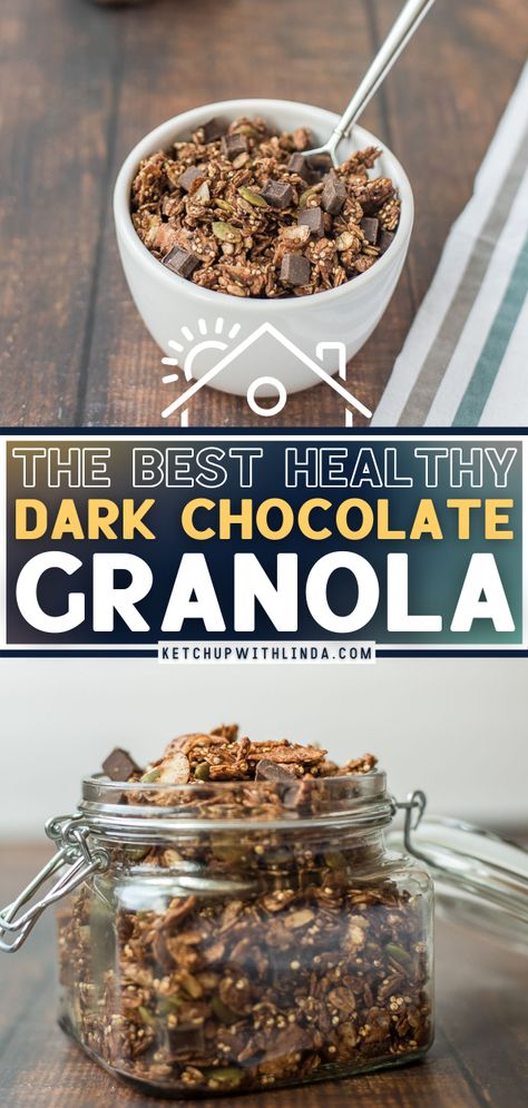 THE BEST HEALTHY DARK CHOCOLATE GRANOLA Protein Granola Recipe, Dark Chocolate Granola, Gluten Free Granola Recipe, Chocolate Granola Recipe, Healthy Homemade Granola Recipe, Chips Homemade, Chocolate Granola Bars, Easy Granola Recipe, Healthy Dark Chocolate