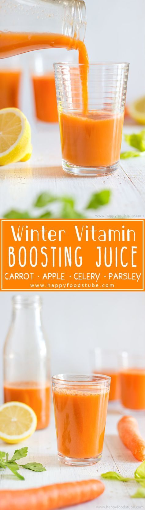 Winter Vitamin Boosting Juice will help you stay healthy throughout cold season! It’s homemade, rich in Vitamin C & ready in 5 minutes! Only 5 ingredients - carrot, apple, celery and parsley | http://happyfoodstube.com Winter Vitamins, Carrot Juice Recipe, Detox Kur, Homemade Juice, Juicy Juice, Vitamix Recipes, Juicer Recipes, Healthy Juice Recipes, Juicing For Health