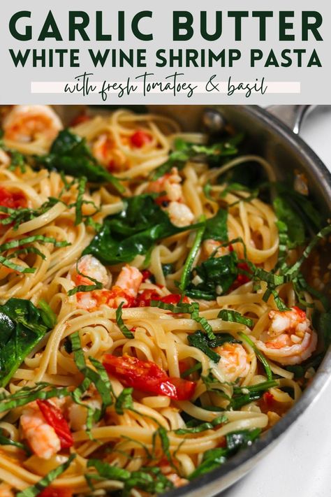 A pan of linguine with shrimp, tomatoes and spinach tossed in garlic butter white wine sauce and topped with fresh basil ribbons Shrimp Pasta With White Wine Sauce, Shrimp Tomato Spinach Pasta In Garlic Butter Sauce, White Wine Garlic Shrimp Pasta, Shrimp Pasta Wine Sauce, Shrimp And Pasta Recipes Easy Healthy, Vodka Sauce With Shrimp, Shrimp Linguine White Wine Sauce, White Wine Lemon Butter Sauce Pasta Shrimp Linguine, Shrimp With White Wine Sauce