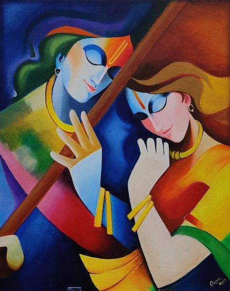 Radhakrishna Paintings Canvases, Radha Krishna Art Canvases, Abstract Painting Of God, Creative Composition Painting Ideas, Radha Krishna Modern Art, Haath Phool, Painting On Wall, Composition Painting, Modern Art Canvas Painting