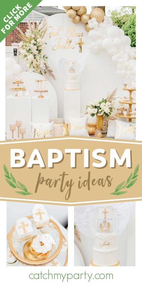 Don't miss this gorgeous angel-themed baptism! The donuts are amazing! See more party ideas and share yours at CatchMyParty.com Baptismal Souvenir, Angel Heaven, Baptism Party Decorations, Angel Theme, Holiday Soiree, Christening Party, Rustic Party, Baptism Ideas, Baby Blessing