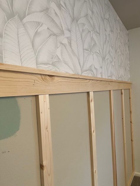 Batten Wall And Wallpaper, Wainscotting And Wallpaper Nursery, Board And Batten Walls With Wallpaper, Half Wallpapered Wall, Waynes Coating Ideas Nursery, Wainscoting And Wallpaper Nursery, Batten Board Nursery, Nursery Wainscoting Girl, Chair Rail Ideas With Wallpaper