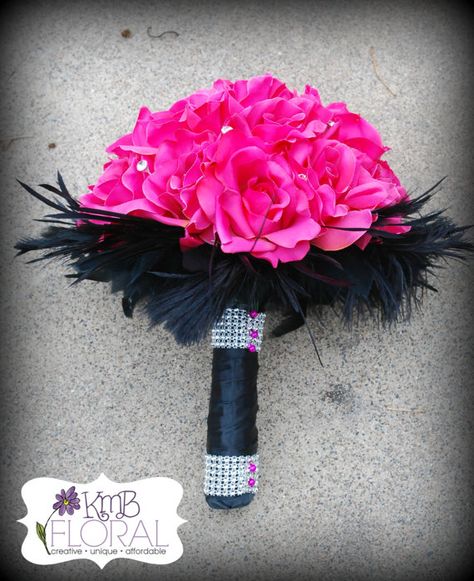 Hot Pink And Black Wedding Ideas, Hot Pink And Black Bouquet, Hot Pink And Black Corsage Prom, Hot Pink Prom Bouquet Ideas, Hot Pink Homecoming Flowers, Homecoming Bouquet Ideas Pink, Hot Pink Prom Bouquet, Black And Pink Wedding Ideas, Hot Pink And Black Wedding