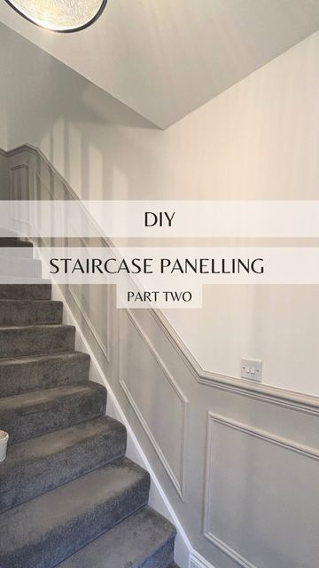 Stairs Wall Panelling Design, Wall Paneling Ideas For Staircase, Up The Stairs Panneling, Wood Panelling Staircase, Panelled Walls Hallway Staircases, Stair Case Panelling, Hall And Stairs Panelling, Stair Panelling Colour Ideas, Panelled Walls Staircase