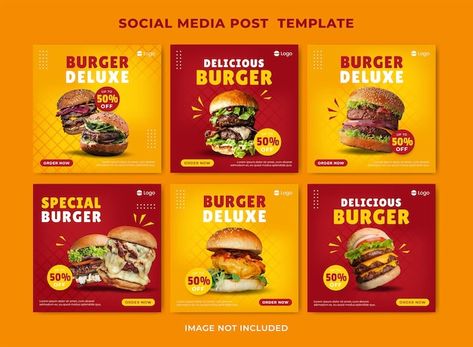 Delicious burger and food menu social me... | Premium Vector #Freepik #vector #burger-poster #food-poster #banner-food #food-promo Burger Specials, Healthy Restaurant Food, Restaurant Social Media, Burger Menu, Fast Food Menu, Menu Design Template, Food Banner, Creative Advertising Design, Food Menu Design