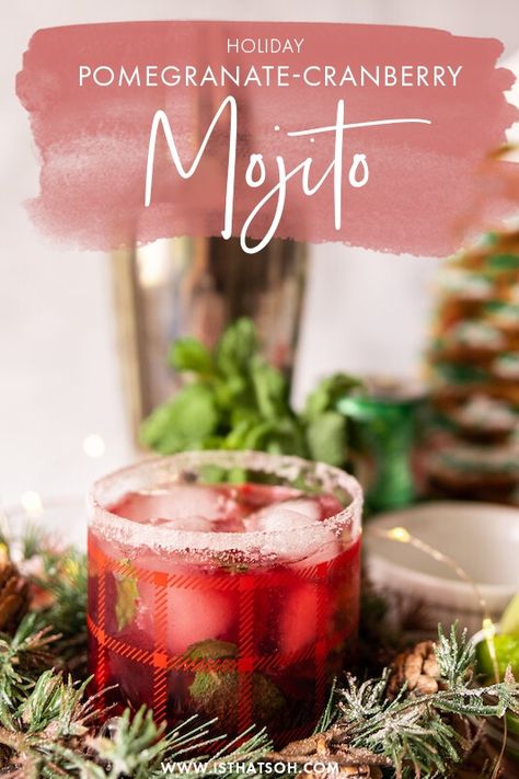 HOLIDAY POMEGRANATE-CRANBERRY MOJITO Mocktail Christmas, Cranberry Mojito, Christmas Mocktail, Pomegranate Cocktail Recipes, Pomegranate Mojito, Welcome Cocktail, Holiday Brunch Recipes, Christmas Mocktails, Festive Holiday Drinks