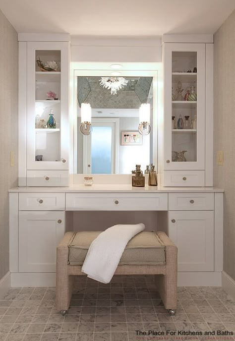 The Place for Kitchens and Baths - Transitional Bathrooms Source: @Elmwoodkitchens Vanity In A Closet Ideas, L Shape Vanity With Makeup Area, Custom Bathroom Makeup Vanity, Custom Vanity Ideas, Make Up Vanity In Bathroom, Makeup Vanity Ideas Bathroom, Built In Makeup Vanity In Bathroom, Built In Vanity In Bedroom, Vanity In Closet