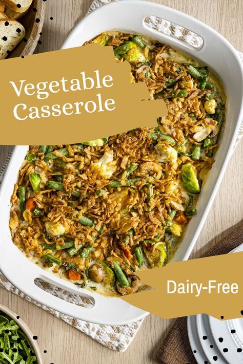 Creamy Dairy-Free Vegetable Casserole Recipe topped with crispy French fried onions! Plant-based, healthy, vegan, optionally gluten-free and allergy-friendly! Thanksgiving Casserole Recipes, Dole Recipes, Dairy Free Sauces, Asparagus Casserole, Vegetable Casserole Recipes, Chicken Tikka Masala Recipes, Veggie Casserole, Baked Veggies, French Fried Onions