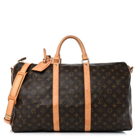 This is an authentic LOUIS VUITTON Monogram Keepall Bandouliere 50. This stylish duffel is crafted of signature Louis Vuitton monogram toile canvas. This bag features vachetta cowhide leather trim including rolled top handles, an optional adjustable shoulder strap, and straps around the midline and side panels.The polished brass top zippers open to a spacious cocoa brown fabric interior.