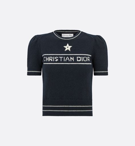 'CHRISTIAN DIOR' Short-Sleeved Sweater Navy Blue Cashmere and Wool Knit | DIOR Denim Swimsuit, Dior Star, Sweater Navy Blue, Christian Dior Couture, Dior Couture, Lucky Star, Mid Length Skirts, Tshirt Skirt, Wool Knit