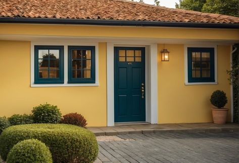 What Color Garage Door Goes with Yellow House: Perfect Pairings for Curb Appeal 6 Bright Yellow House Exterior, Navy Garage Door, Yellow House Front Door, Yellow Exterior House Colors, White Garage Doors, Garage Door Colors, Garage Door House, Garage Door Paint, Paint Color Ideas