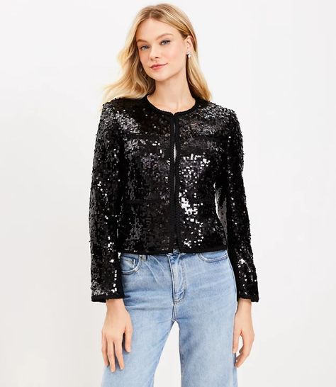 Melissa's Mix | Loft Sequin Jacket Outfit, Cropped Flare Pants, Statement Jacket, Monochrome Outfit, Easy Shape, Sequin Jacket, Petite Jacket, High Neck Sweater, Jacket Outfit