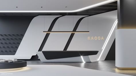 Futuristic interior at the Trekhgornaya Manufactory. Futuristic Office Interior, Futuristic Office Design, Clothing Showroom, Futuristic Office, Futuristic Interior Design, Car Showroom Design, A Clothing Store, مركز ثقافي, Reception Desk Design