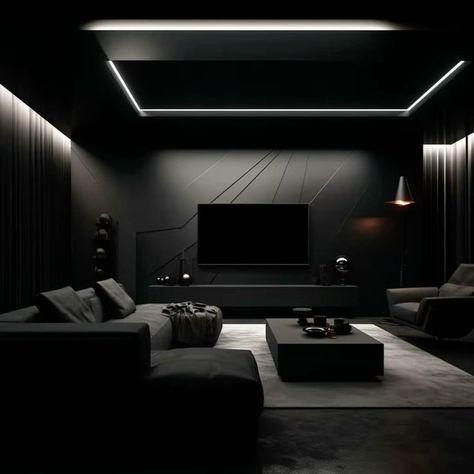 Dark Sitting Room Ideas Modern, Black Modern Interior Design, Black House Inside, Dark Apartment Aesthetic, Black Home Interior Design, Dark Room Ideas, Black Modern Interior, Black Home Interior, Black Luxury House