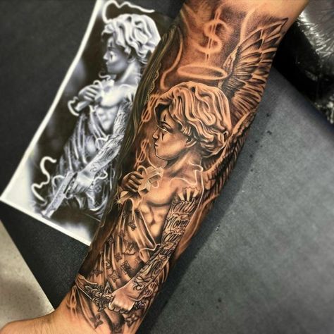 Herren Hand Tattoos, Half Sleeve Tattoo Stencils, Sleeve Tattoos For Guys, Half Sleeve Tattoos Forearm, Guys Tattoos, Angel Tattoos, Half Sleeve Tattoos, Tattoos Arm, Gangsta Tattoos