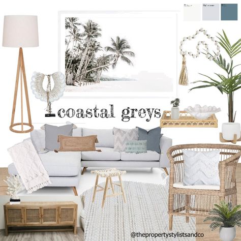 Coastal Indoor Plants Beach Houses, Beach House Grey Couch, Coastal Nook Ideas, Grey Couch Beach Living Room, Northern Coastal Decor, Scandi Beach House Interior Design, Coastal Chic Apartment, Coastal Grey Bedroom, Modern Coastal Accent Wall