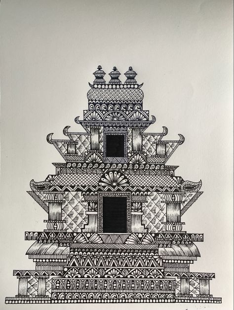 Ancient Mandala Art, Monuments Mandala Art, Gopuram Drawing, Temple Architecture Drawing, Mandela Art Drawing, Indian Architecture Sketches, Temple Mandala Art, Monument Mandala, Temple Art Drawing