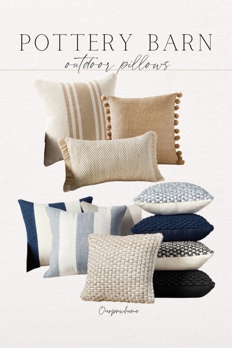 Patio Pillows Outdoor, Pottery Barn Throw Pillows, Striped Couch, Pottery Barn Outdoor, Pottery Barn Style, Beige Couch, Blue Furniture, Patio Pillows, Grey Throw Pillows