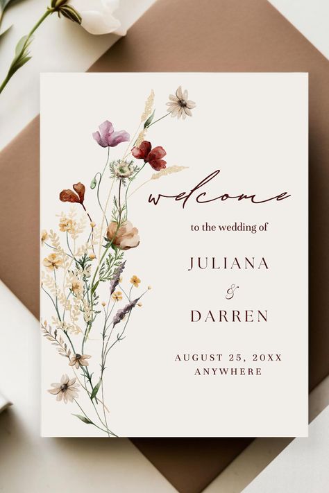 EDITABLE Wildflowers Wedding Welcome Sign Template Canva Edit Floral Wedding Reception Sign Instant Download Printable Poster Juliana  #wedding #welcomewedding #wildflowerwelcome #floralmeadow #weddingdecors #weddingreception #tabletopsigns #beigebohoflowers #instantdownload Wedding Flower Invitation, Wedding Card Design Templates, Reception Invitation Cards, Invitation Wedding Design, Engagement Poster, Wedding Welcome Card, Floral Card Design, Wedding Invitation Flower, Wedding Poster Design