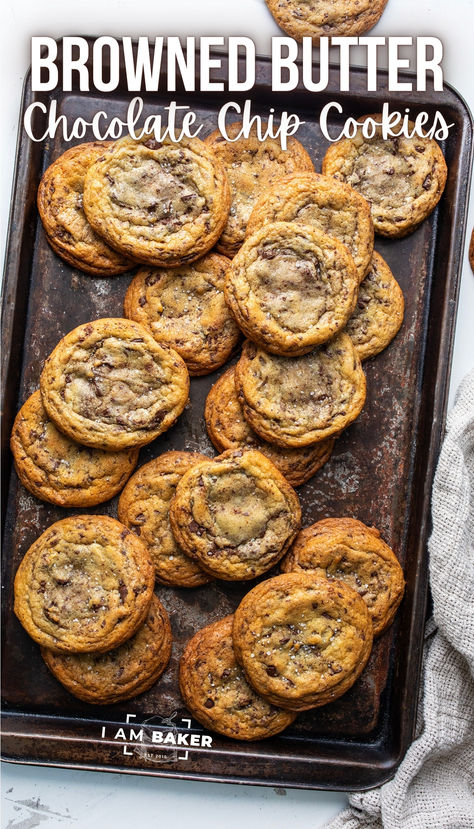 Browned Butter Chocolate Chip Cookies are indulgent cookies with nutty browned butter, a soft center, crispy edges, and a delightful sea salt finish. Quite possibly my new favorite cookie! Salted Brown Butter Chocolate Chip Cookies, Best Brown Butter Cookies, Salted Brown Butter Chocolate Chip, Brown Butter Sea Salt Chocolate Chip Cookies, Brown Butter Choc Chip Cookies, Rich Butter Cookies, Brown Butter Sea Salt Chocolate Chip, Brown Buttered Chocolate Chip Cookies, Chewy Brown Butter Chocolate Chip Cookie