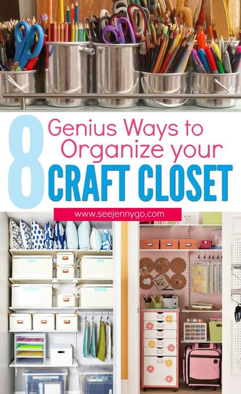 Closet Organization For Crafts, Organizing Ideas Craft Room, Small Craft Closet, Closet Craft Space, Scrapbook Furniture, Organize Crafts, Craft Storage Closet, Organizing Clutter, Craft Room Organisation