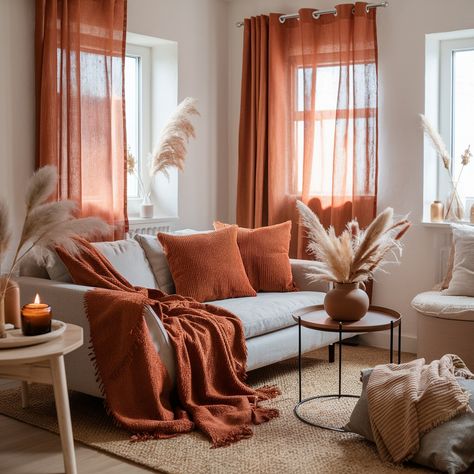 Rust Decor Living Room, Rust Couch Living Room Ideas, Terracotta Living Room Decor, Orange Living Room Decor Ideas, Terracotta Living Room, Room Fall Decor, Brown Decor, Fall Living Room Decor, Living Room Orange