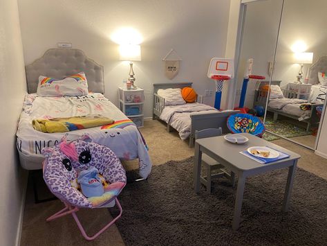 Mom And Son Shared Bedroom Ideas, Toddler Bed And Twin Bed Shared Room, Sibling Room Ideas, Twin And Toddler Bed Shared Room, Bedroom For Brother And Sister, Sister Brother Room Shared Bedrooms, Toddler And Kid Shared Room, Room Sharing With Toddler, Sharing Room With Toddler