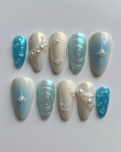 water fountain ⛲️ #nailart #nailartist #pressons #pressonnails #custom #dmv | Instagram Hawaii Nails Simple, Nail Inspo Hawaii, Koi Pond Nails, Mercury Nails, Japanese Inspired Nails, Water Droplet Nails, Builder Gel Nails Design, Jellyfish Nails, Friend Nails