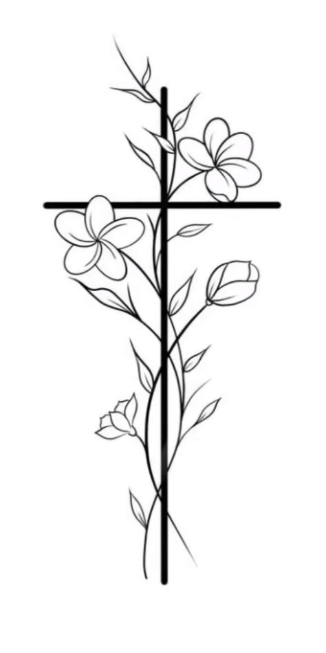 Cross With Palm Leaves Tattoo, Fun Tattoo Ideas Simple, Crosses With Flowers Tattoo, Floral Cross Drawing, Cross Wrapped In Flowers Tattoo, Cross With Birth Flowers Tattoo, Simple But Cute Tattoos, Cross Flowers Tattoo, Yaweh Tattoos For Women