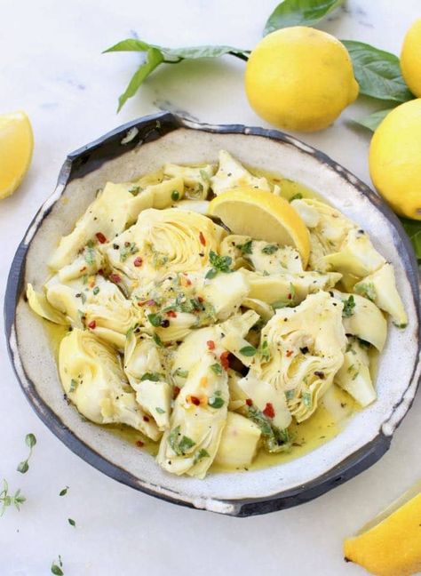 Marinated Artichoke Hearts with Olive Oil, Garlic, Lemon and Herbs Recipe | CiaoFlorentina.com @CiaoFlorentina Garlic Scallops Recipe, Artichoke Hearts Recipe, Artichoke Heart Recipes, Marinated Artichoke Hearts, Artichoke Recipes, Scallop Recipes, Heart Food, Artichoke Hearts, Idee Pasto Sano