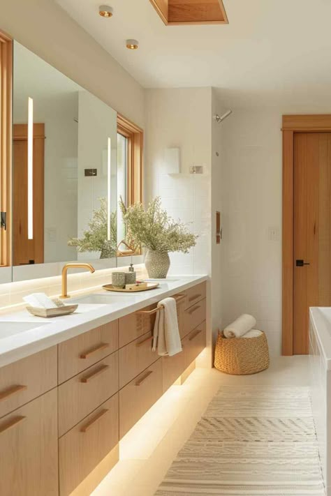 bathroom japandi Japandi Master Bath, Warm Modern Bathroom, Light Wood Bathroom, Contemporary Bathroom Ideas, Japandi Bathroom Design, Scandi Bathroom, Scandinavian Bathroom Design, Bathroom Japandi, Japandi Bathroom