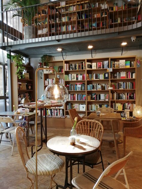 Cafe Interior Design With Books, Cafe In Library, Cute Cozy Coffee Shop, Cafe And Library Design, Cafe With Bookstore, Bakery With Library, Book And Cafe Aesthetic, Cafe And Bookstore Coffee Shop, Book Coffee Shop Design