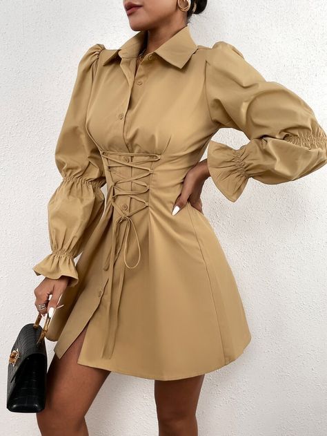 Shirt Design For Girls, Stile Hijab, Mode Abaya, Khaki Fashion, Classy Dress Outfits, Gathered Sleeves, Dress Shirt Sleeves, Straight Dress, Latest African Fashion Dresses