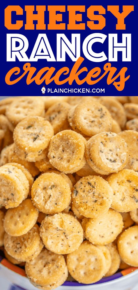 Cheesy Ranch Crackers - ritz bits tossed in a quick ranch mixture. SO good!!! Great for parties and in soups and chilis. We always have a bag in the pantry. Ritz Bits Cheese Sandwich Crackers, oil, Ranch mix, garlic powder. Can make in advance and store in an air-tight container. #tailgating #appetizer #ranch #cheese #partyfood Cheesy Ranch Crackers, Chicken Ritz, Soups And Chilis, Ranch Crackers, Ritz Bits, Ritz Cracker Recipes, Football Friday, Cheesy Ranch, Ranch Mix