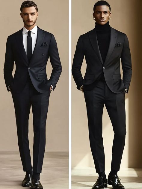 Whether you prefer classic elegance or modern edge, SuitCentury has the perfect suit for every style. Which look suits you best?   #SuitCentury #TailoredStyle #MensFashion #EventReady #blacktie #tuxed #menswear #bespoke #tailor Mens Black Turtleneck Outfit Suit, Black Suit With Turtleneck, All Black Turtleneck Outfit, Suit With Turtleneck, Black Turtleneck Outfit, Grooms Suit, Turtleneck Outfit, Black Suit, Suit Style