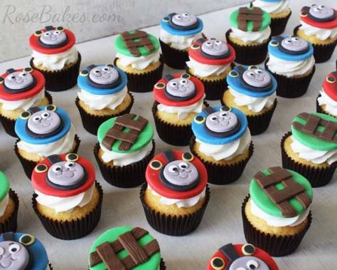 Thomas the Train and Train Tracks Cupcakes Thomas Cupcakes, Train Cupcake Toppers, Barney Cake, Train Cupcakes, Thomas Train Cake, Thomas Birthday Parties, Thomas Cakes, Thomas The Train Birthday Party, Thomas The Train Party