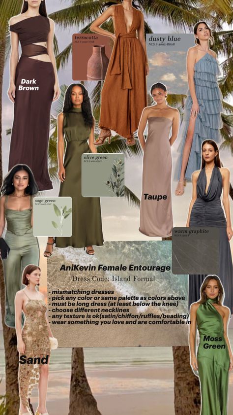 Island formal earth tone wedding guest attire Earth Tone Color Palette Clothes, Wedding Motif Color, Wedding Reception Guest Outfits, Formal Wedding Guest Attire, Engagement Party Outfit, Earth Tone Wedding, Philippine Wedding, Earth Tone Dress, Wedding Guest Attire