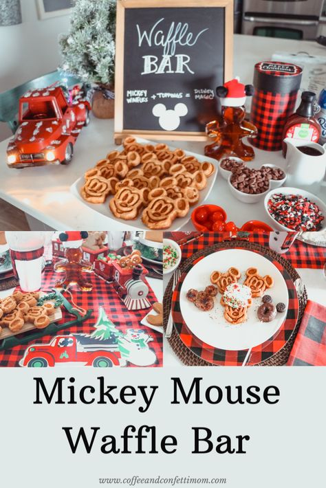 Mickeys Christmas Party, Disney Breakfast, Disney Christmas Party, Christmas Waffles, Mickey Waffle, North Pole Breakfast, Waffle Bar, Christmas Movie Night, Kids Christmas Party