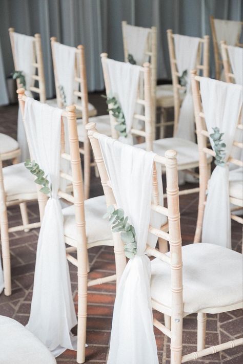 Eucalyptus Chairs Wedding, Decor For Chairs At Wedding, Greenery Chair Decor Wedding, Outside Wedding Chairs, Chair Ideas For Wedding, Wedding Chair Backs, Wedding Decorations For Chairs, Draped Chairs Wedding, Wedding Ideas Chairs