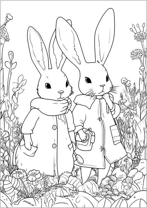 Two adventurous rabbits in a field of flowers - JustColor.net : Free adult printable coloring pages Rabbit Coloring, Free Easter Coloring Pages, Redwork Patterns, Witch Coloring Pages, Coloring Pages Winter, Farm Animal Coloring Pages, Coloring Page For Adults, Bunny Coloring Pages, A Field Of Flowers