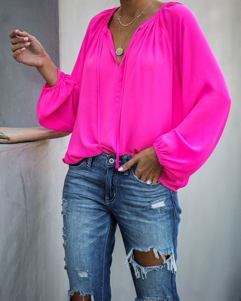 Hot Pink Womens Tops, Hot Pink Tops For Women, Pink Put Outfits, Hot Pink Top Outfit Summer, Hot Pink Shirt Outfit Casual, Fuschia Shirt Outfit, Fushia Top Outfit, Fushia Pink Outfit, Hot Pink Blouse Outfit