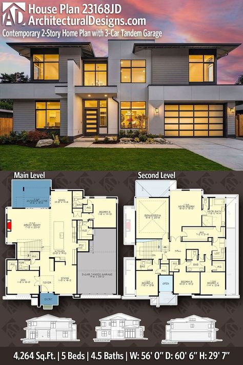 Layout1 Contemporary 2-story home design with 3-car garage, 5 beds, 4.5 baths, floor plans, and exterior view at sunset. | Sky Rye Design 5 Bedroom House Floor Plan 2 Story With Basement, Modern House Floor Plans 4 Bedroom 2 Story, 5 Bedroom Contemporary House Plans, California House Plans, 4 Bedroom 4.5 Bath House Plans, Modern 5 Bedroom House Design, 2 Floor Modern House, 4 Bedroom House Design With Floor Plan, 4 Bedroom House Designs Home Plans