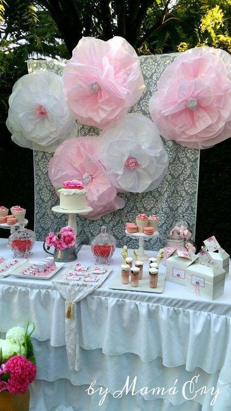 Romantic dessert table at a shabby chic birthday party! See more party ideas at CatchMyParty.com! Shabby Chic Birthday Party Ideas, Girl Baptism Party, Shabby Chic Birthday Party, Diy Dessert Table, Chic Birthday Party, Shabby Chic Birthday, Shabby Chic Party, Chic Birthday, Fairy Garden Party