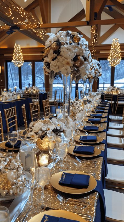 17 Winter Wedding Color Palette Ideas With 50+ Examples Blue Winter Wedding Decor, Blue Themed Wedding Decor, Dark Blue And Champagne Wedding, Navy Blue And Champagne Wedding Decorations Table Settings, Blue December Wedding, Elegant Winter Wedding Centerpieces, January Wedding Themes, Dark Blue Winter Wedding, Dark Blue And Gold Wedding Theme