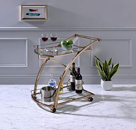 Kings Brand Furniture - Delfair Rolling Bar Kitchen Serving Cart, Metal/Glass, Gold Kings Brand Furniture Trolley Kitchen, Industrial Bar Cart, Kitchen Island Trolley, Wine Cart, Bar Serving Cart, Metal Bar Cart, King Furniture, Kitchen Bar Table, Serving Bar